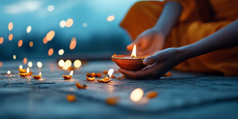 The human holds in his hands Lit diya traditional oil lamp. Deepavali, Diwali. Hindu festival of lights. Template with copy space for greeting card, banner, poster for Indian holidays