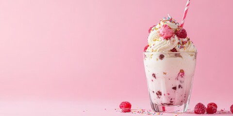 Delicious raspberry milkshake topped with whipped cream and sprinkles in a glass, perfect for summer treats and desserts.