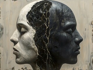 Wall Mural - Abstract Portrait of a Split Mind: Black and White Face Art