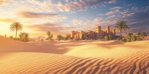 stunning desert landscape with soft sand dunes and a vibrant sunset casting golden hues over an anci