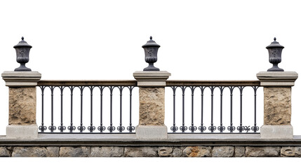 Stone pillar fence with wrought iron accents isolated on transparent background, , clipping paths for design and decoration