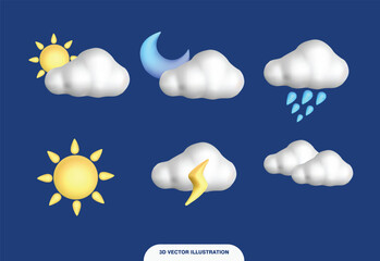 various weather elements like clouds, sun, moon, rain, and lightning on a blue background. perfect f