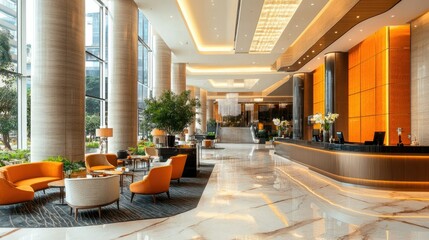 A spacious hotel lobby layout featuring a seating area, reception desk, and lounge, displayed on a white background to highlight modern interior design.