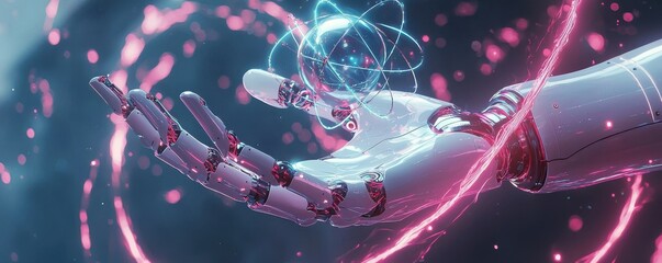 Poster - Futuristic robotic hand holding glowing atom with vibrant neon energy swirling around, symbolizing advanced technology and innovation in artificial intelligence and science