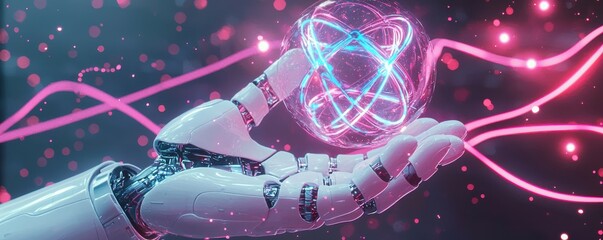 Poster - Futuristic white robotic hand holding a glowing atom with vibrant energy lines and pink and blue light effects