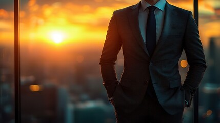 Business professional in a suit stands by a window overlooking a vibrant sunset in a cityscape at dusk