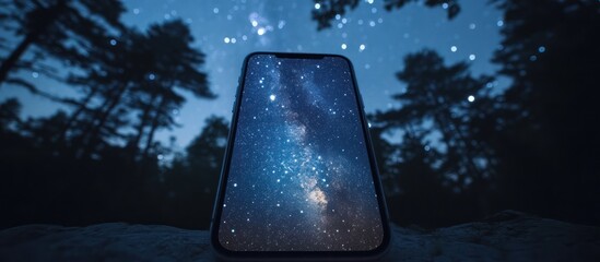Wall Mural - A smartphone displays a starry night sky with a view of the Milky Way galaxy, standing on a rock in the forest.