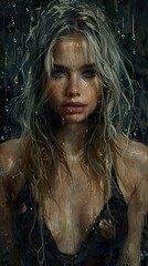 Poster - Wet Portrait: A Woman's Intense Gaze in the Rain