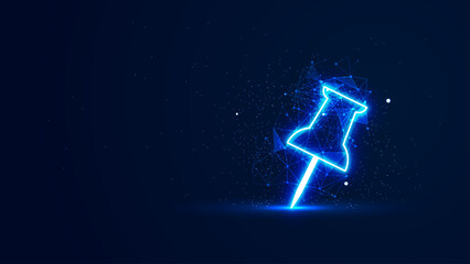 Futuristic glowing push pin with plexus lines and glitter particles. A location pointer in the neon light style. 3D abstract low poly in the dark background. Digital technology illustration
