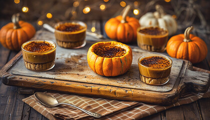 Poster - Several pumpkin crème brûlées served in a pumpkin stand on a wooden board.