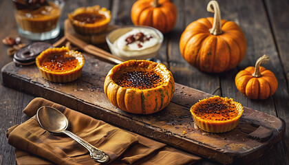 Poster - Several pumpkin crème brûlées served in a pumpkin stand on a wooden board.