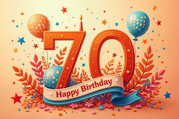 70th birthday card. Vibrant birthday greeting with the number 70 prominently displayed, surrounded by colorful balloons and decorations.