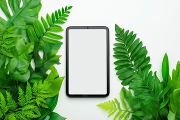 A modern tablet with a blank screen is centered among lush tropical green leaves, giving an impression of tech blending seamlessly with nature's vibrant greenery.