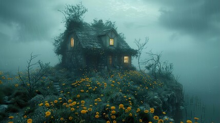 Poster - Enchanted Cottage in a Misty Landscape