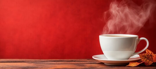 Steaming White Cup of Hot Beverage on Rustic Wooden Table with Autumn Leaves, Red Background