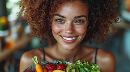 A woman smiles brightly while holding a bowl of fresh vegetables and fruits in a cozy café setting during the day