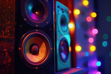 celebrate a party with music from two speakers, colorful lights in blurred background, photorealisti