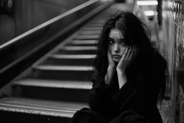 Thoughtful young woman sitting on underground stairs, conveying emotions of contemplation and solitude in a black and white urban setting