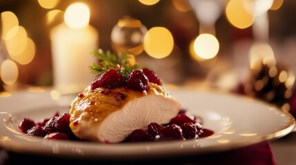 Selective focus: turkey fillet w/ cranberry sauce.