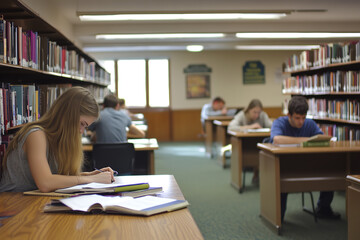 Wall Mural - Busy Academic Library with Students Studying and Books Everywhere  