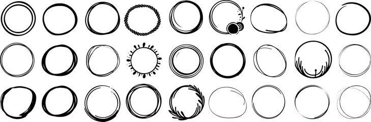 Wall Mural - hand drawn circle frame collection, decorative round borders, abstract black ink, sketchy doodle des