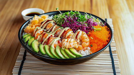 A vibrant sushi or poke bowl filled with fresh shrimps, caviar, avocado, seaweed, and sprouts. Colorful healthy food and trendy dinner concept. Copy space