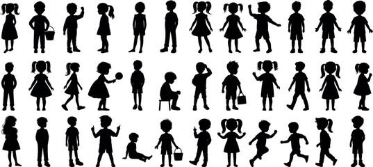 kids silhouette vector illustration showing multiple children in playful and standing poses. ideal k