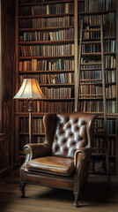 Sticker - Timeless Vintage Reading Room with Leather Chair and Antique Books  