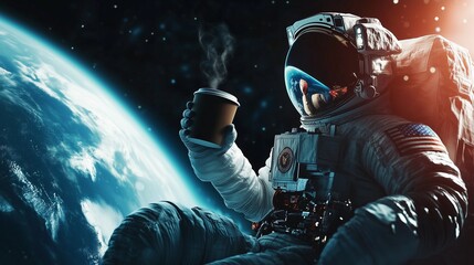 an astronaut in a spacesuit casually sipping coffee from a floating cup while gazing at earth from t