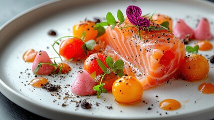 Exquisite dish of fresh salmon garnished with vibrant cherry tomatoes and delicate herbs on a white plate