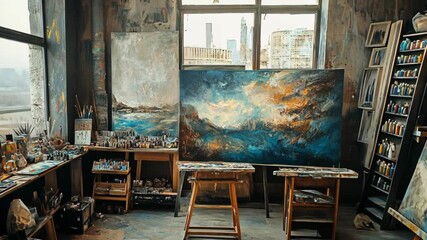 Wall Mural - a well-equipped art studio with large windows overlooking a cityscape
