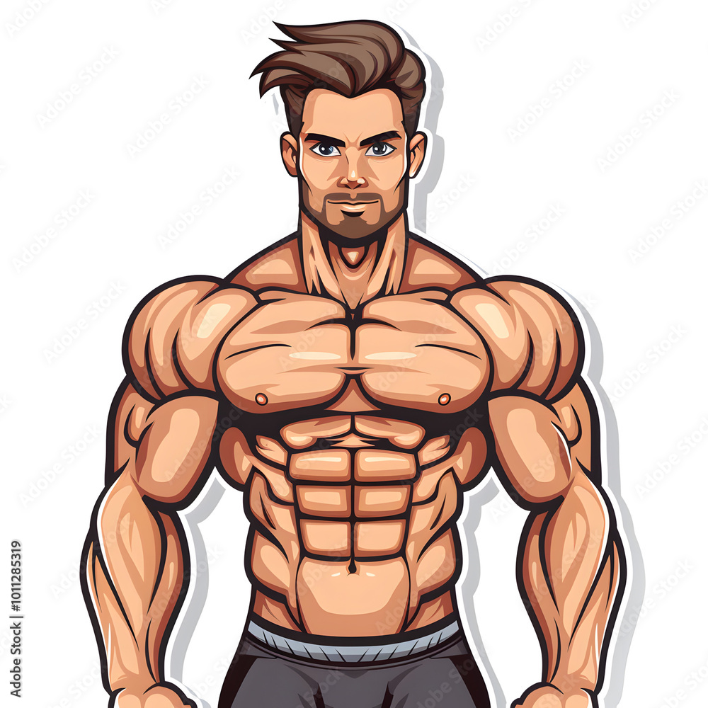 cartoon muscular man with six-pack abs and brown hair - fitness ...