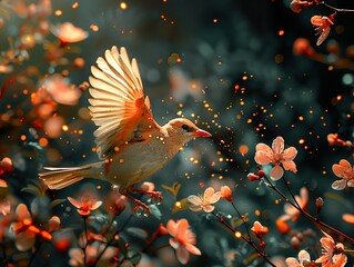 Poster - A Bird in Flight Surrounded by Delicate Pink Flowers