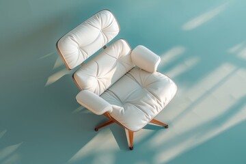 Wall Mural - Stylish white lounge chair with wooden legs on a light blue floor illuminated by soft sunlight