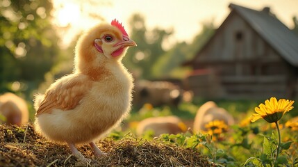 A fluffy chick stands on fresh straw in a sunny farmyard surrounded by blooming flowers and grazing sheep during early morning light