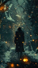 Wall Mural - Mysterious Figure Walking Through a Snowy Night