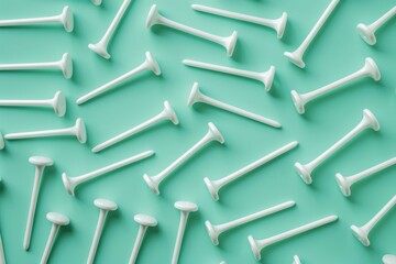 A collection of white golf tees scattered on a teal background in a flat lay arrangement