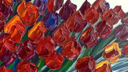 Poster - Colorful painted tulips in a panoramic oil painting with a textured finish.  