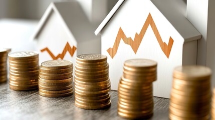 Poster - Change in real estate prices concept. House, stacks of coins, growing financial stock graph on the background.  