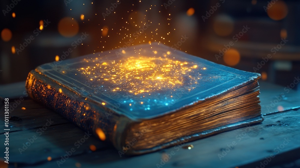 Magic book with glowing light on an old table, evoking the world of ...