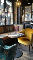 Sticker - Trendy Coffee Shop Reading Corner With Stylish Seating and Literature  