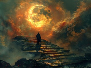 Poster - Surreal Journey: A Man Ascends Towards a Blazing Moon