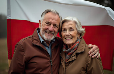 Happy elderly couple against background of Polish flag. Pension reform, retiree benefits, education for pensioners in Poland concept.