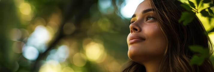 Close-up of a woman's face looking up, surrounded by green leaves and blurred sunlight.