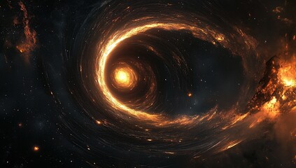 Poster - A black hole, pulling in space and time, creates an intense spiral of light around it