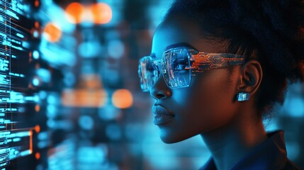 Poster - AI cyber security threat, female African American IT specialist analyzing futuristic holographic data information. blue & orange color, segmented reality artificial intelligence concept banner 