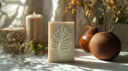 Sticker - A serene display of candles and a decorative leaf-shaped soap.