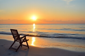 Wall Mural - Serene Beach Reading Setup with Sunset View and Minimalist Style  