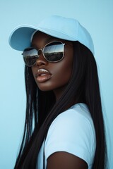 Poster - A stylish young woman wears a light blue cap and sunglasses. Her long hair flows down gracefully. This fashion photograph captures a cool vibe and modern aesthetic. AI