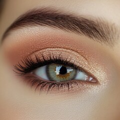 Close-up of a beautiful eye showcasing stylish makeup. The soft tones highlight the eyelid and brow. Ideal for beauty blogs, tutorials, or makeup promotions. 